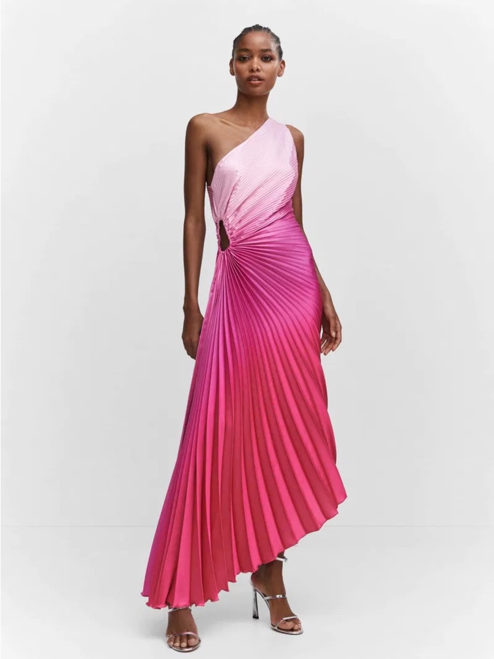 Mango Pink Ombre Asymmetrical One-Shoulder Pleated Evening Dress